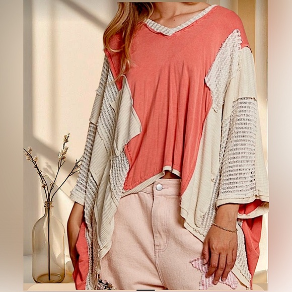 POL Peach Cream Oversized Boho Top Net Sleeve Color block Blouse - Picture 3 of 6